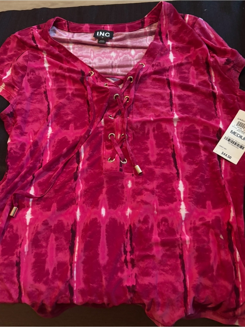 INC International Concepts Fuchsia Tie-Dye Lace-Up V-Neck Tunic